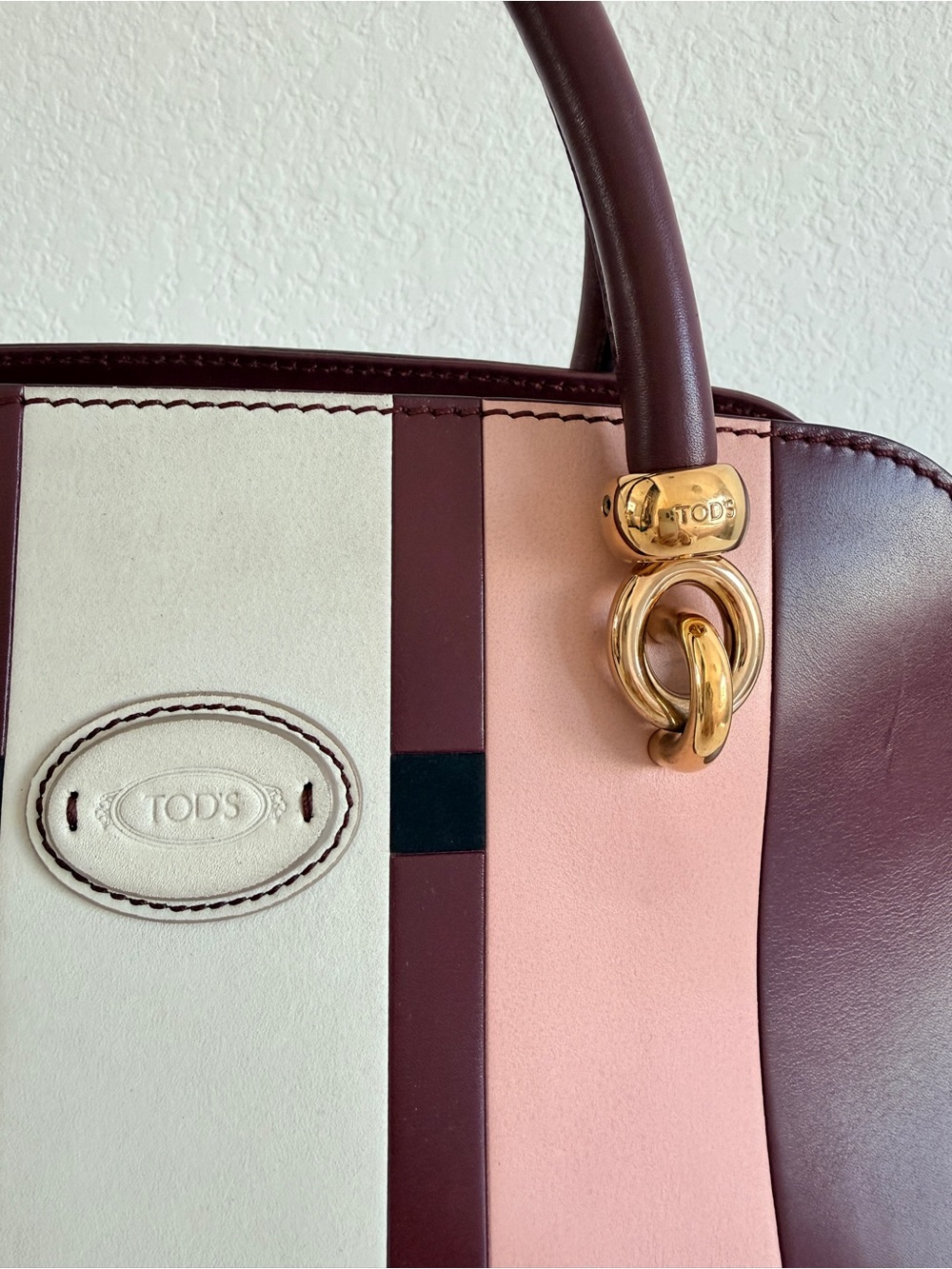 Tod's Pink and Burgundy Leather Stripe Satchel - Picture 2 of 10